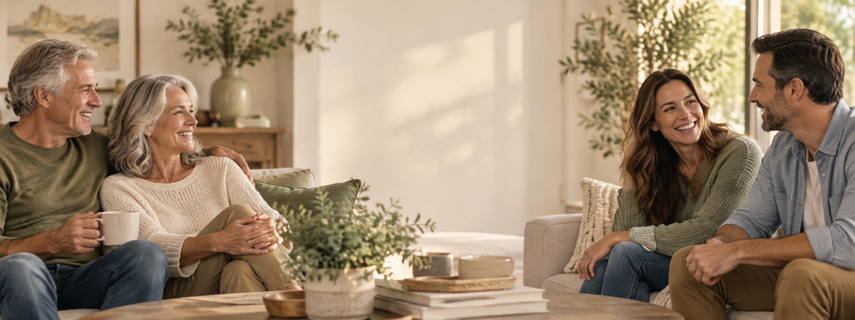 A multigenerational family relaxing together in a bright living room