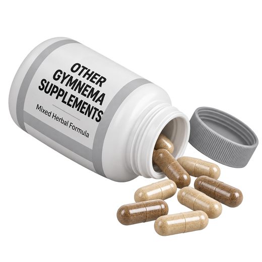 Generic Gymnema supplement bottle tipped over with capsules spilling out